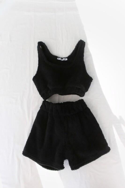 Askılı Beli Lastikli Peluş Şort Takım