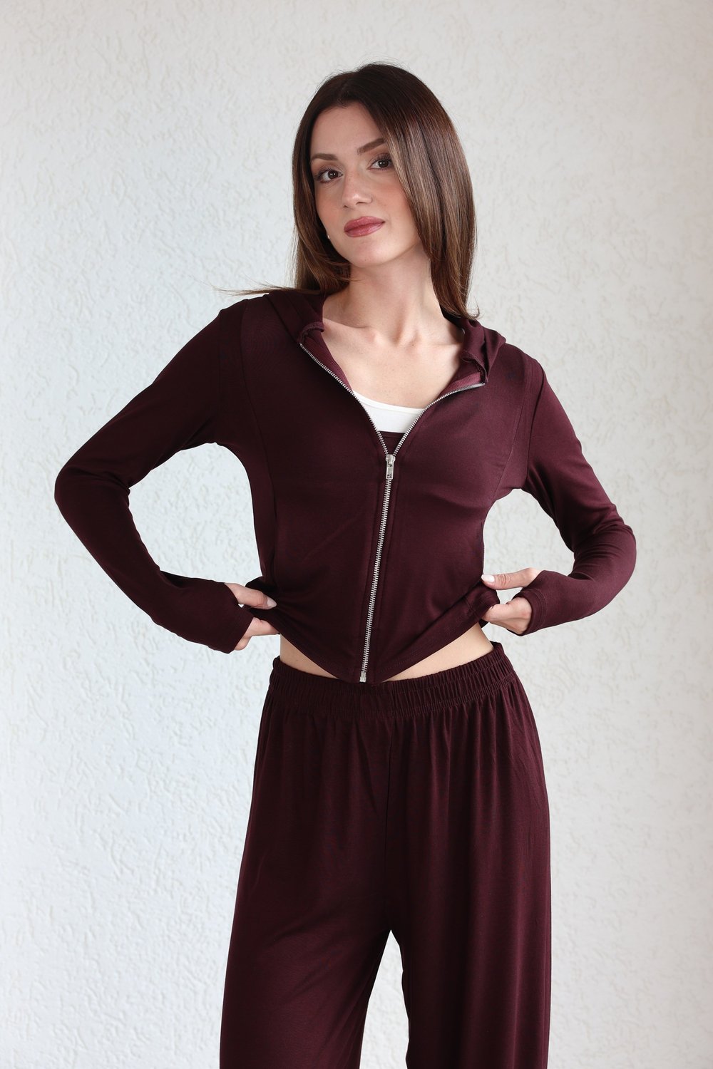 Kapşonlu Oysh Hırka-Crop-Pantolon Takım