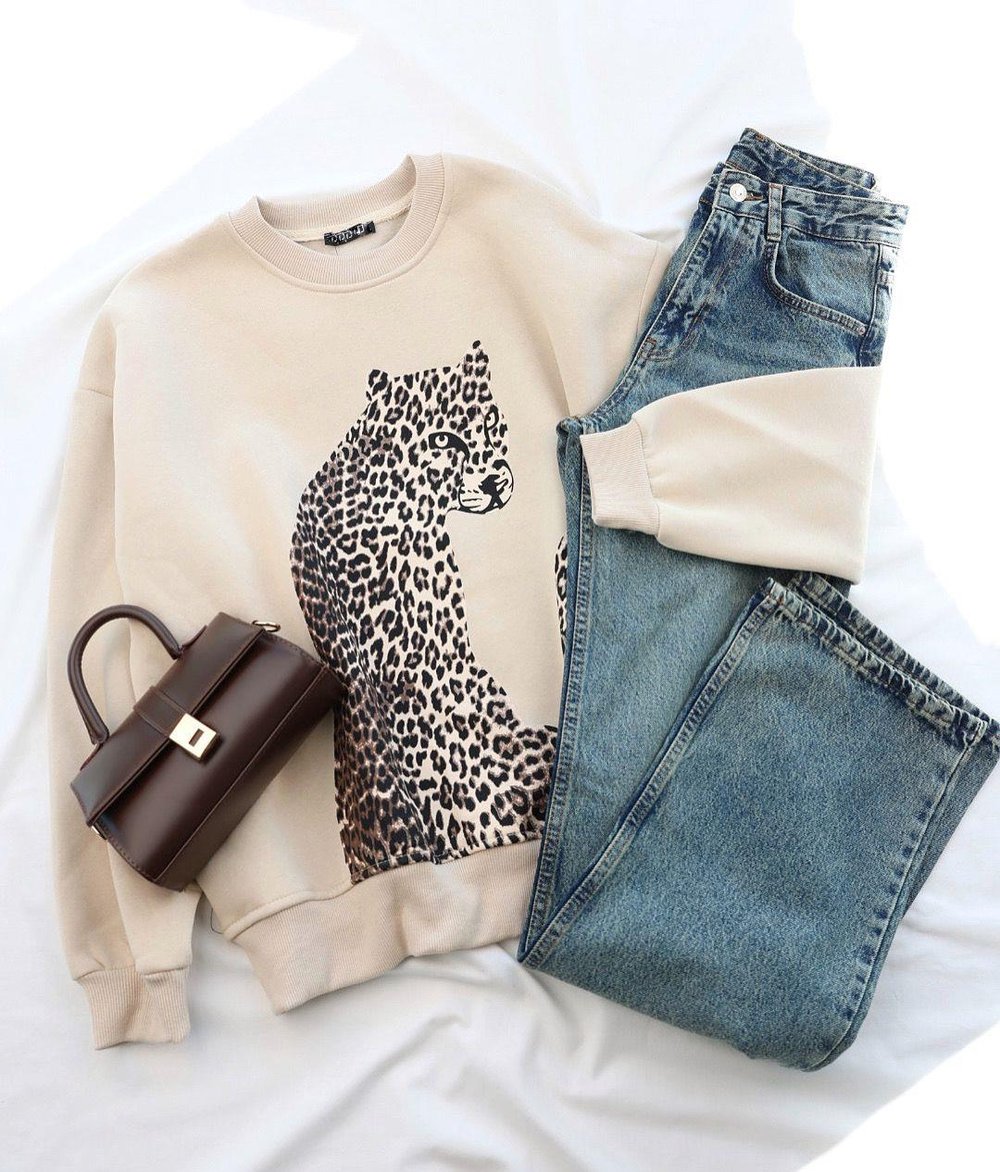 SweatLeopar Baskılı Şardonlu 3iplik Sweat