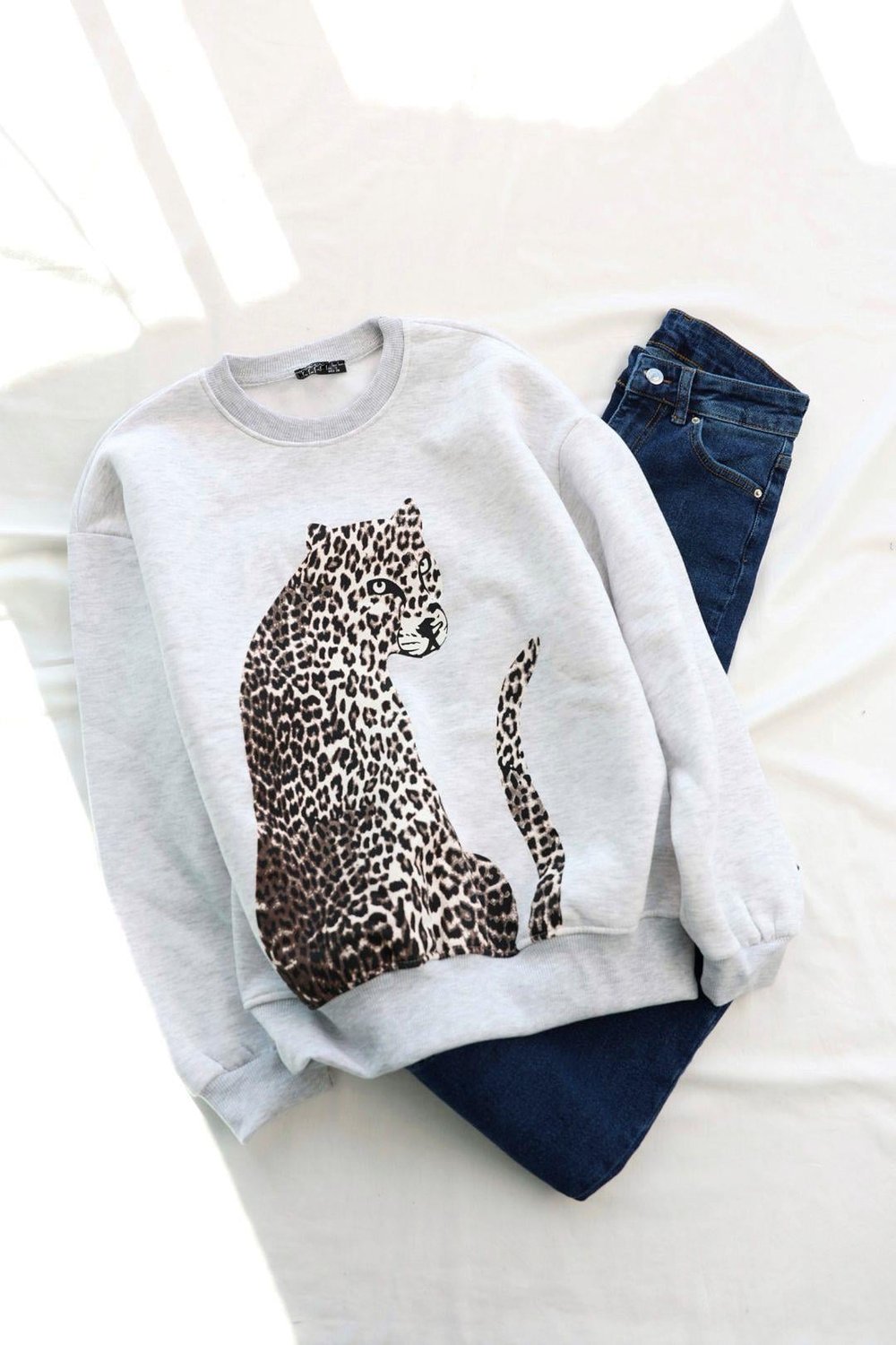 SweatLeopar Baskılı Şardonlu 3iplik Sweat
