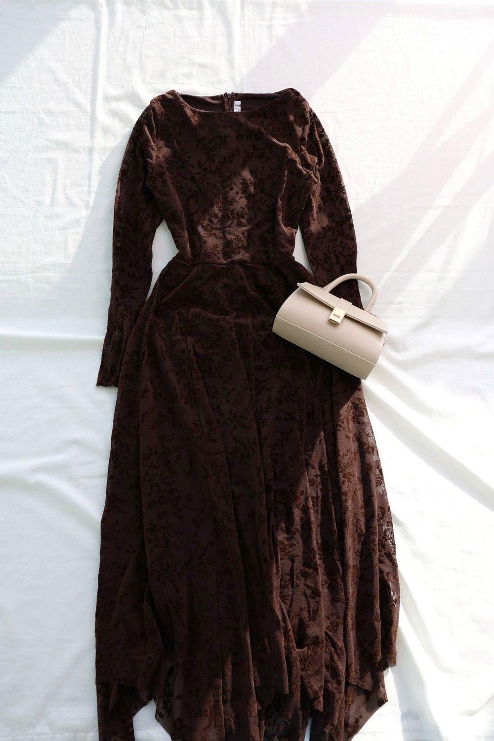 ElbiseKayık Yaka Flok Baskı Maxi Elbise