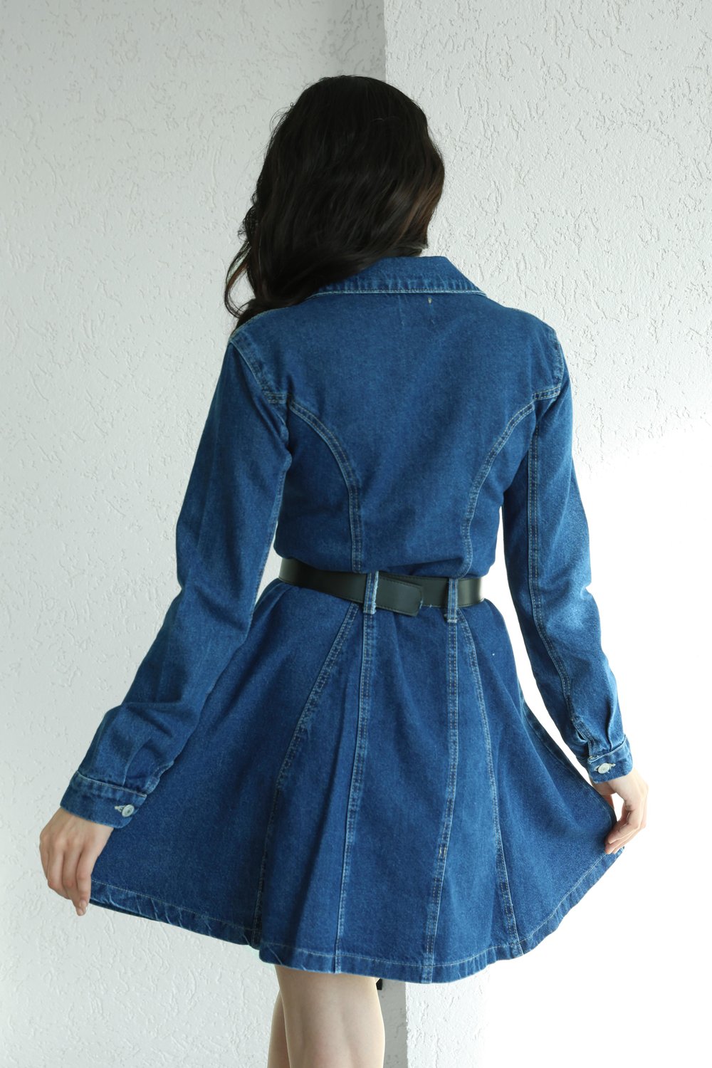 Düğmeli Kemerli Denim Elbise