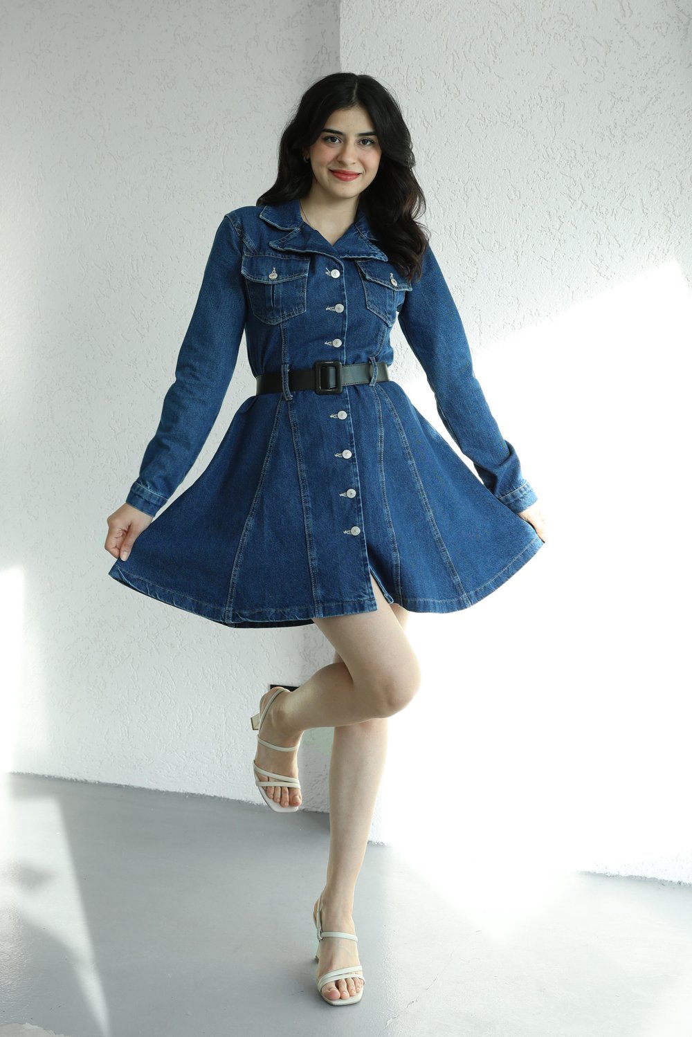 Düğmeli Kemerli Denim Elbise