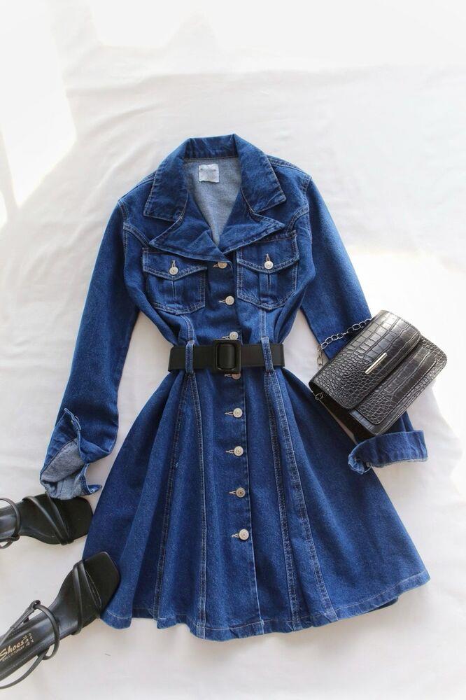 Düğmeli Kemerli Denim Elbise