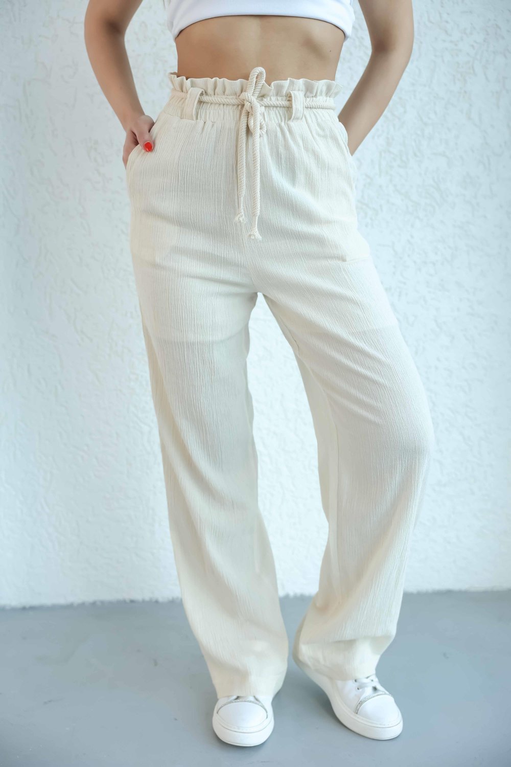 PantolonKırinkıl Beli Hasır Kemer Pantolon