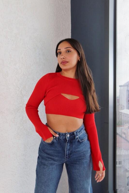 Parmak Geçmeli Bolerolu Crop Takım