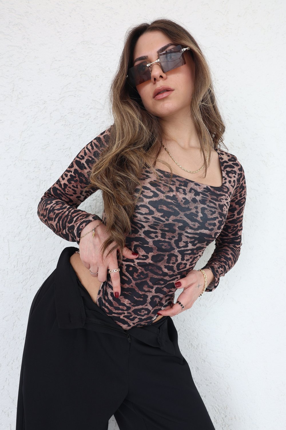 Kare Yaka Leopar Bodysuit