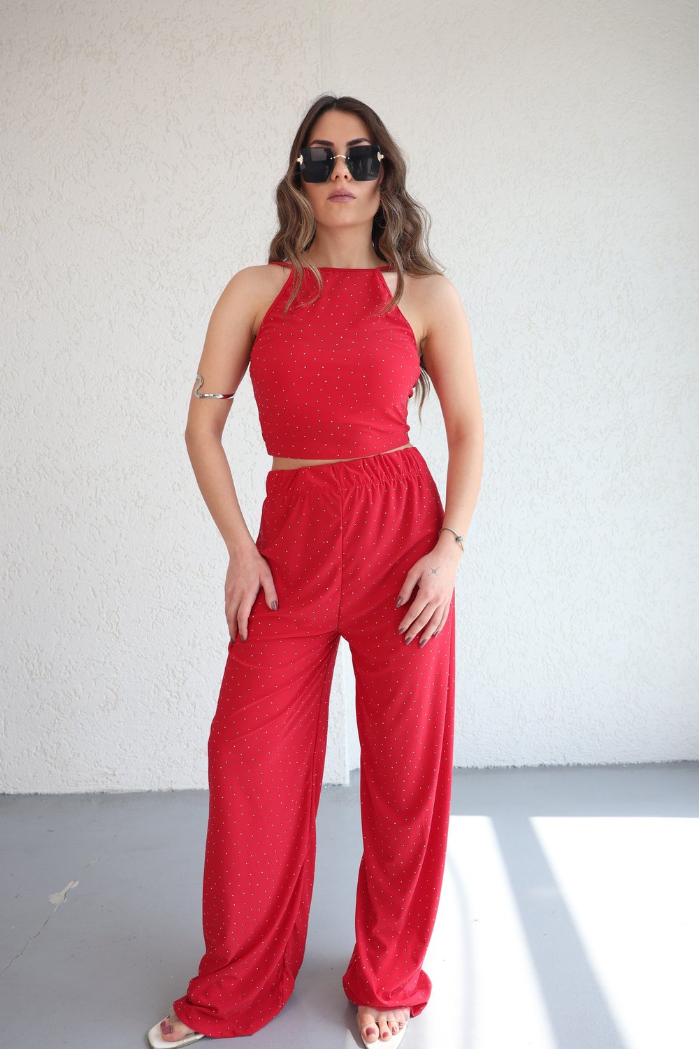 Halter Yaka Taşlı Plazzo Takım