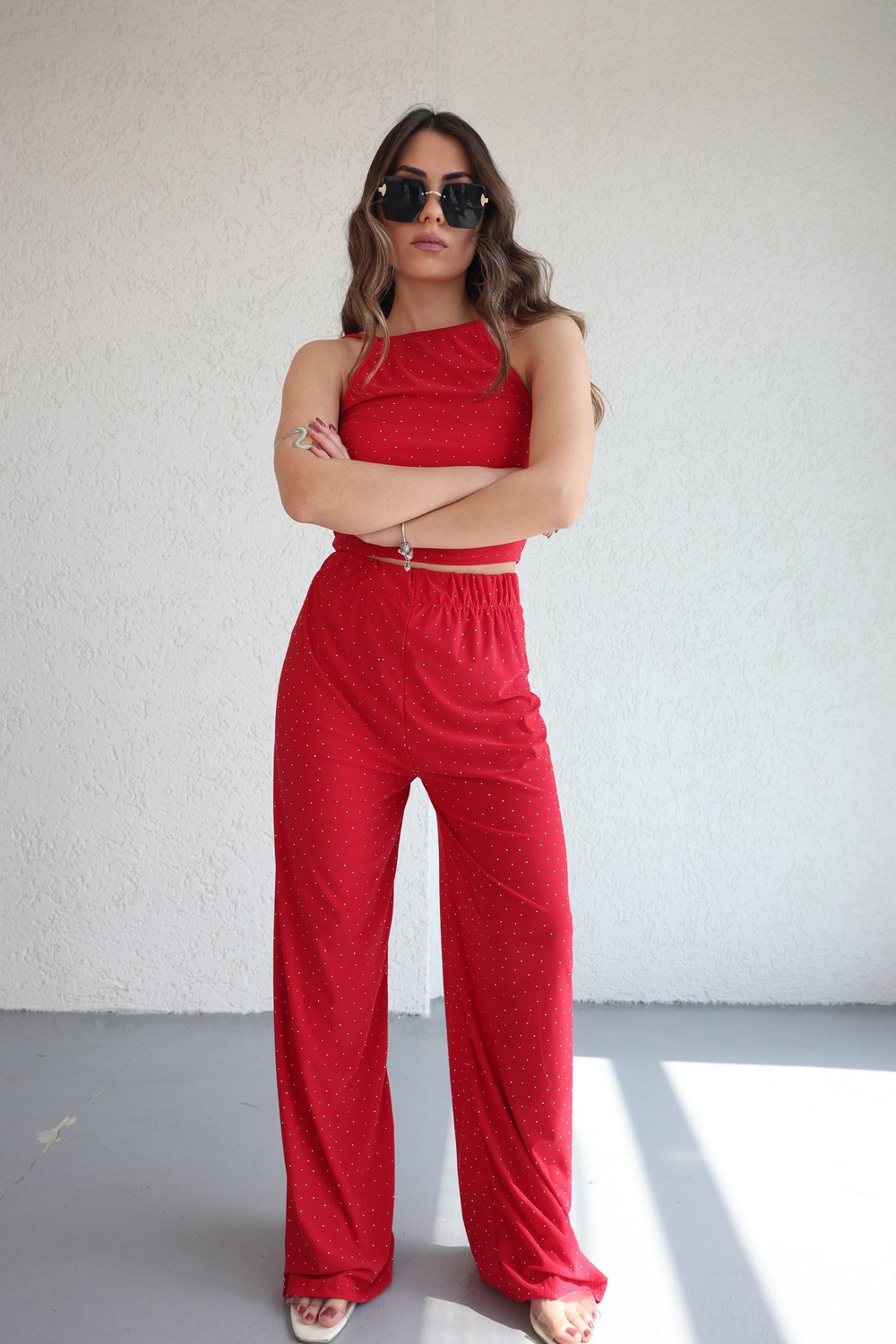 Halter Yaka Taşlı Plazzo Takım