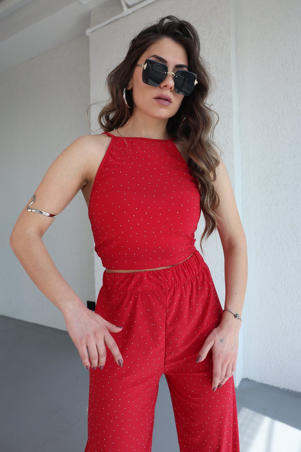 Halter Yaka Taşlı Plazzo Takım