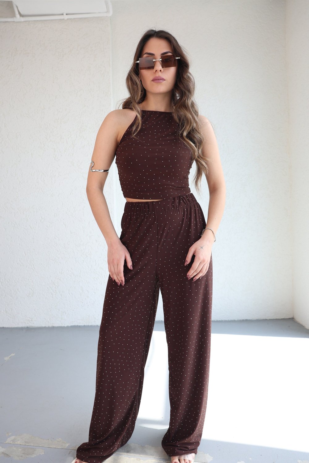 Pantolon TakımHalter Yaka Taşlı Plazzo Takım