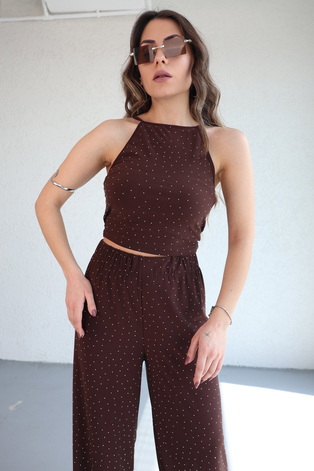 Halter Yaka Taşlı Plazzo Takım