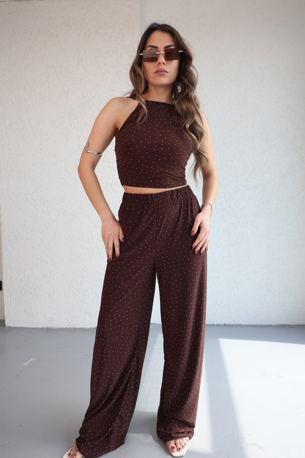 Halter Yaka Taşlı Plazzo Takım