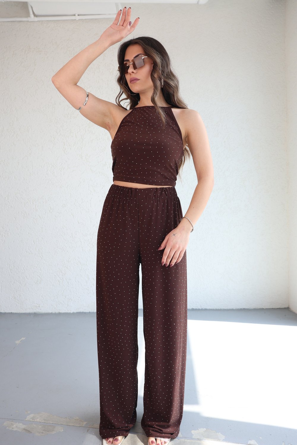 Halter Yaka Taşlı Plazzo Takım