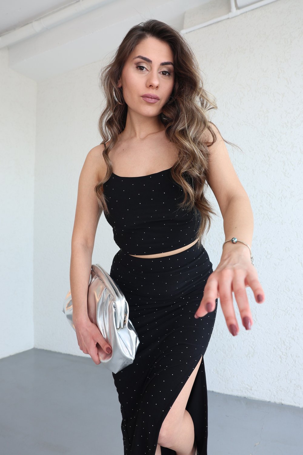 Taşlı Askılı Crop Etek Takım