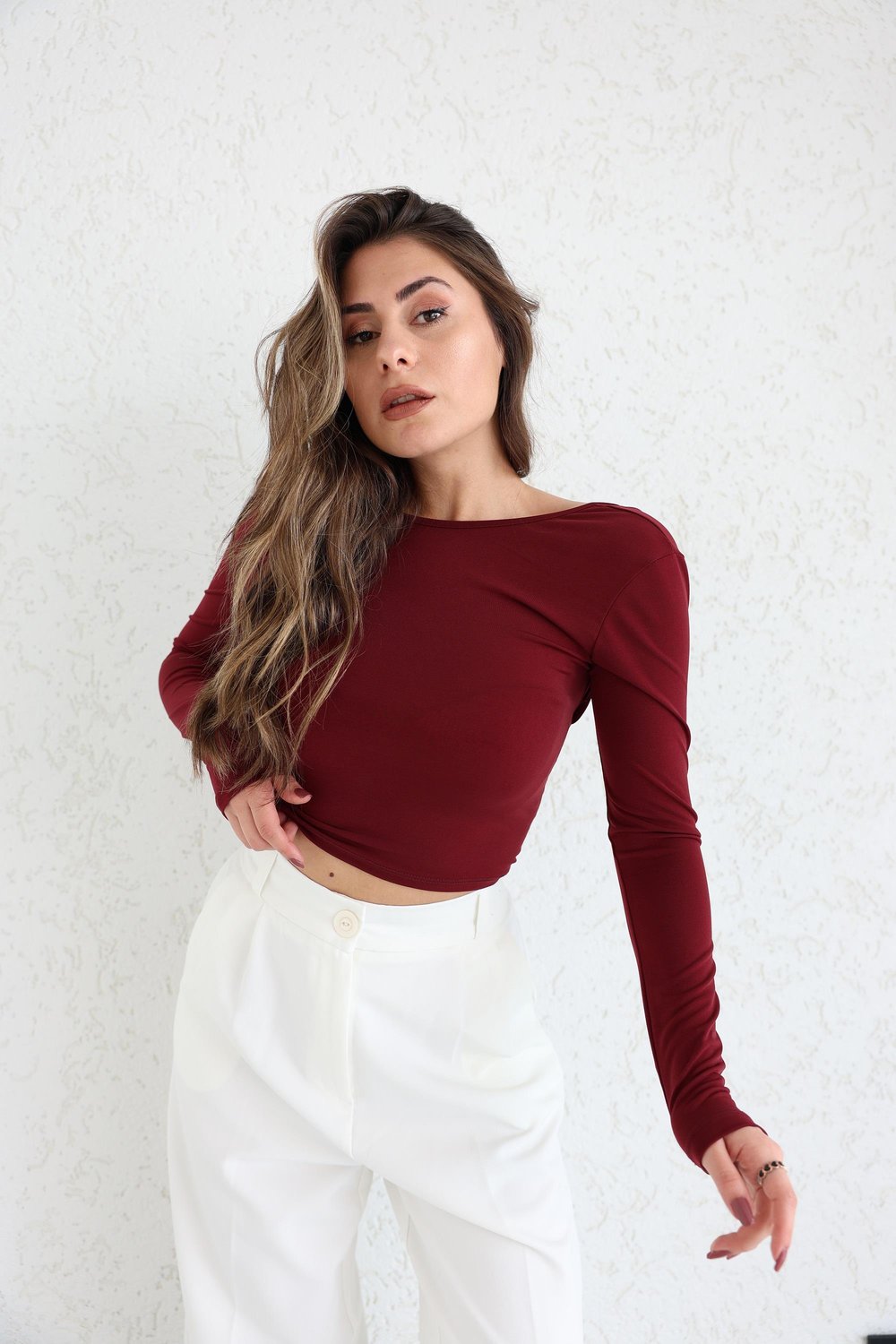 Sırt Dekolteli Uzun Kol Crop