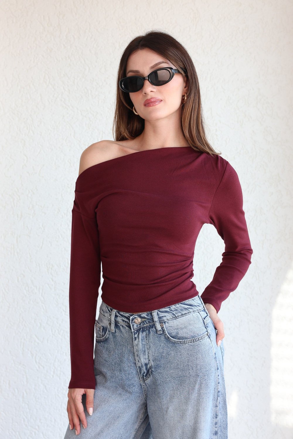Modal Yan Drape Kayık Yaka Bluz