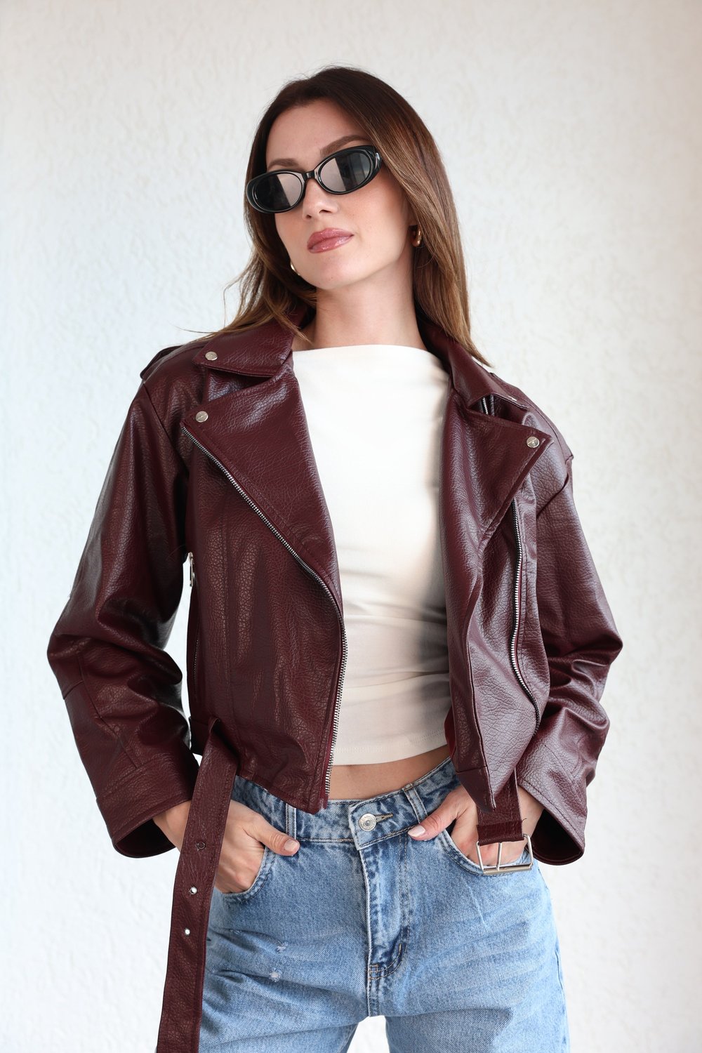 Biker Kemerli Deri Ceket