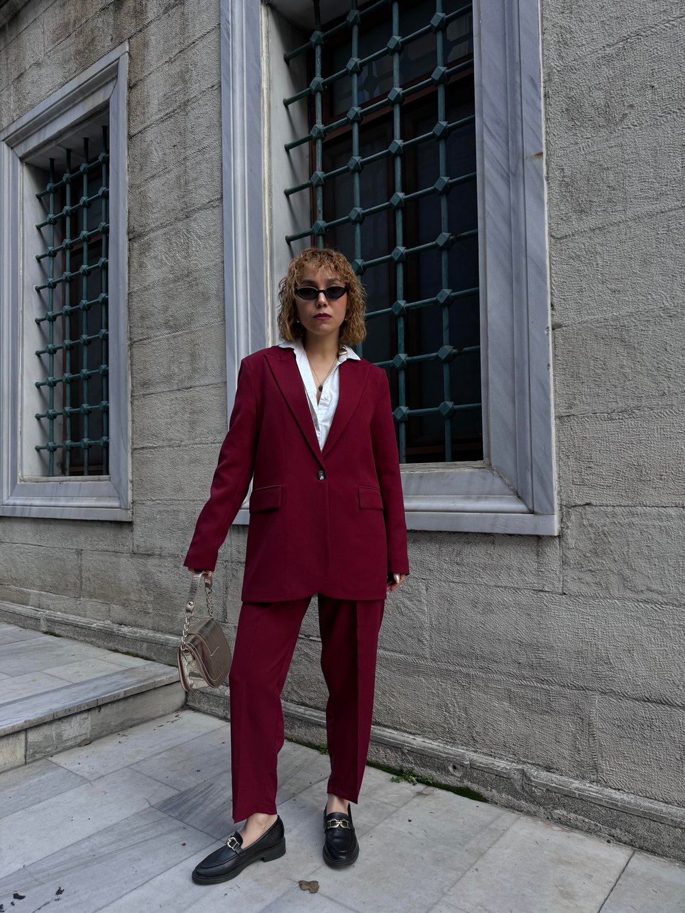  Kemerli Havuç Pantolon-Vatkalı Blazer ceket 2li Takım