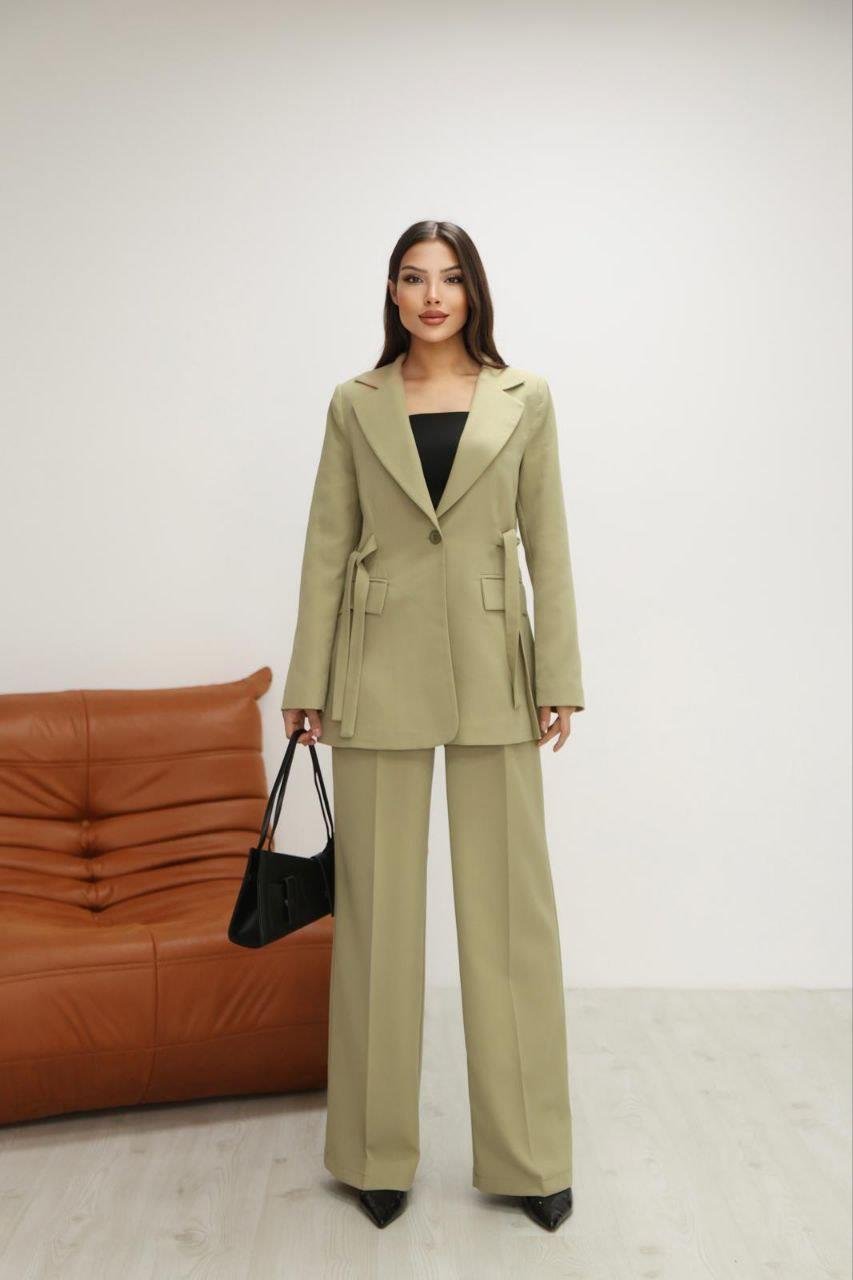  Premium Bussines Bel Korse Bağlama Detaylı Blazer Ceket-Bol Paça Palazzo Pantolon 2'li Takım