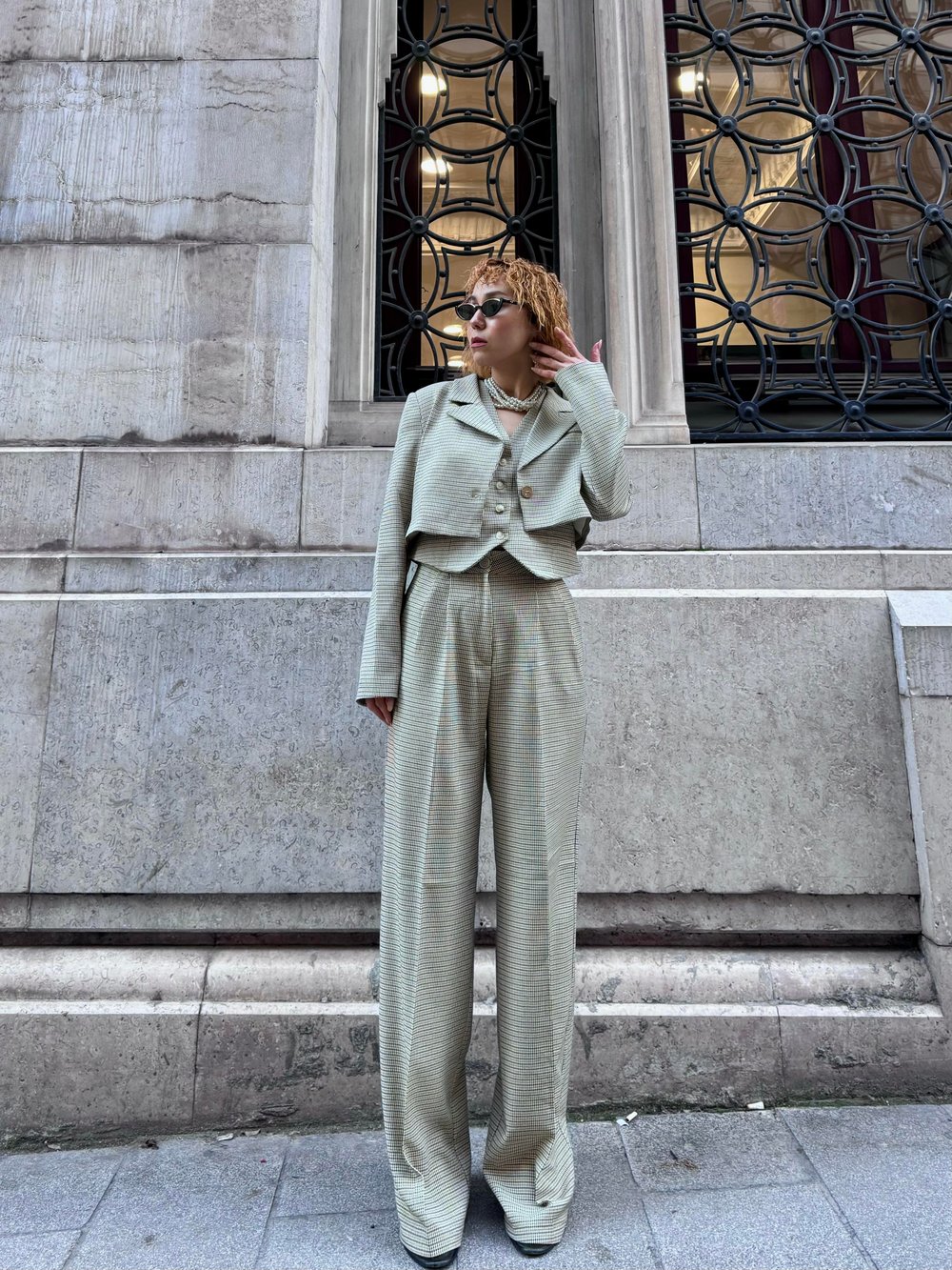 Caty Mini Ekoseli Yelek-Palazzo Pantolon-Blazer Ceket 3'lü Dokuma Kadın Takım