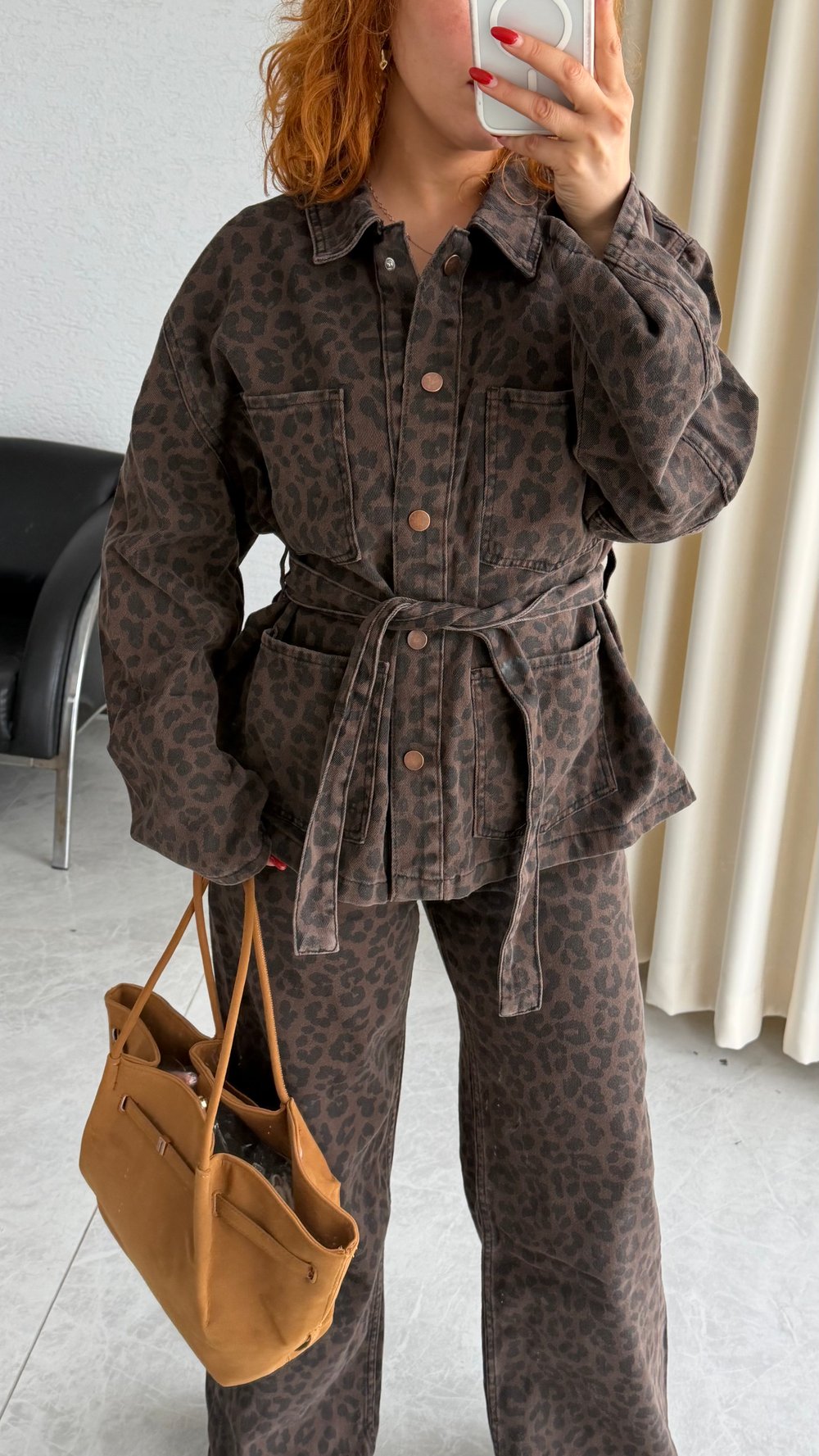 Leopar Desenli Denim Takım – Kahverengi
