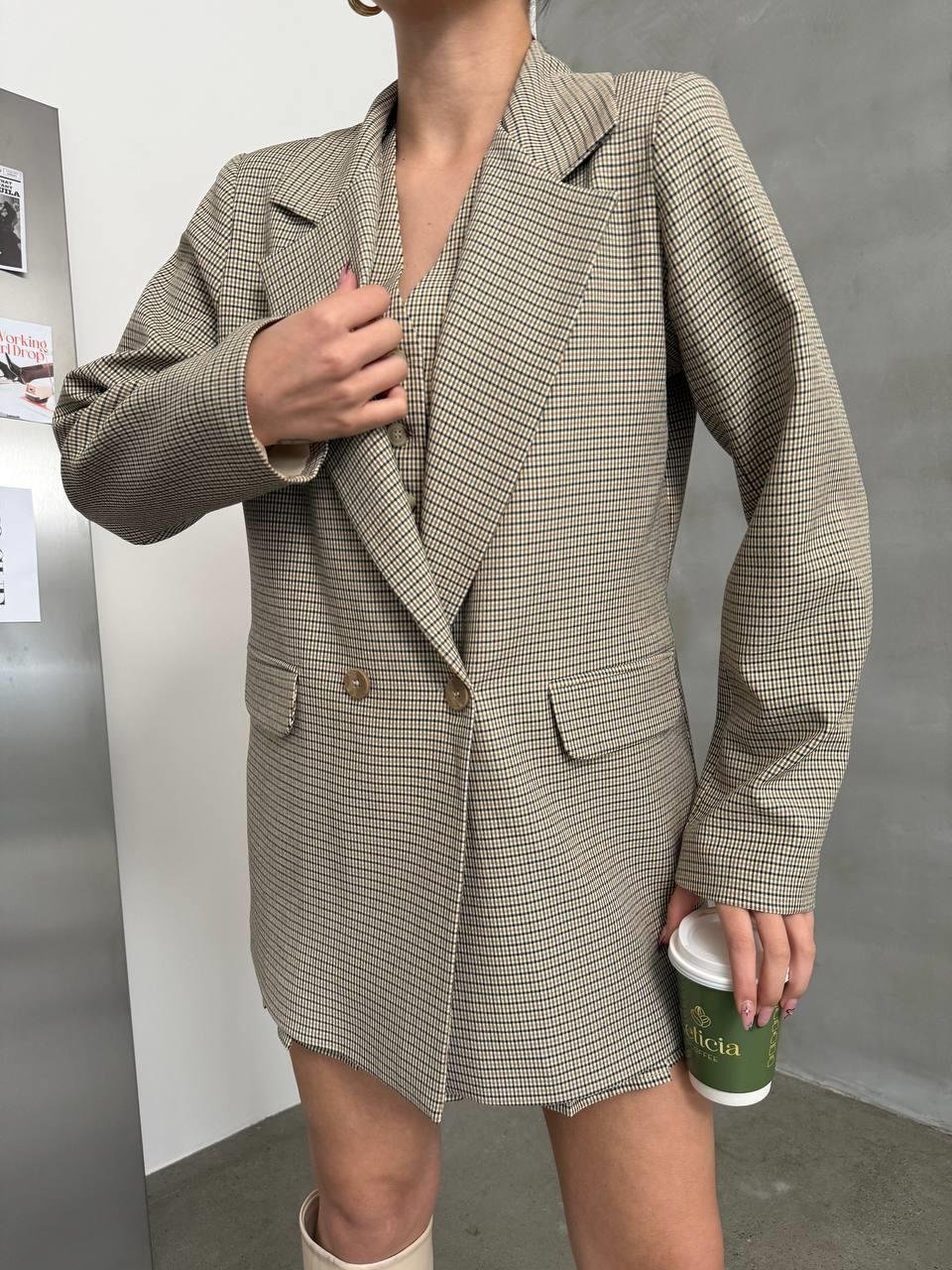 Oversize Daddy Premium Astarlı Ekoseli Pötikare Blazer Ceket
