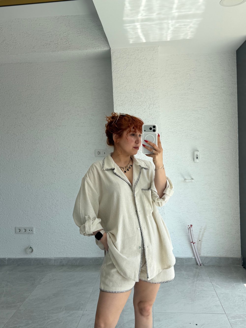 Premium %100 Keten Tasarım Oversize Gömlek -Şort 2'li Takım 