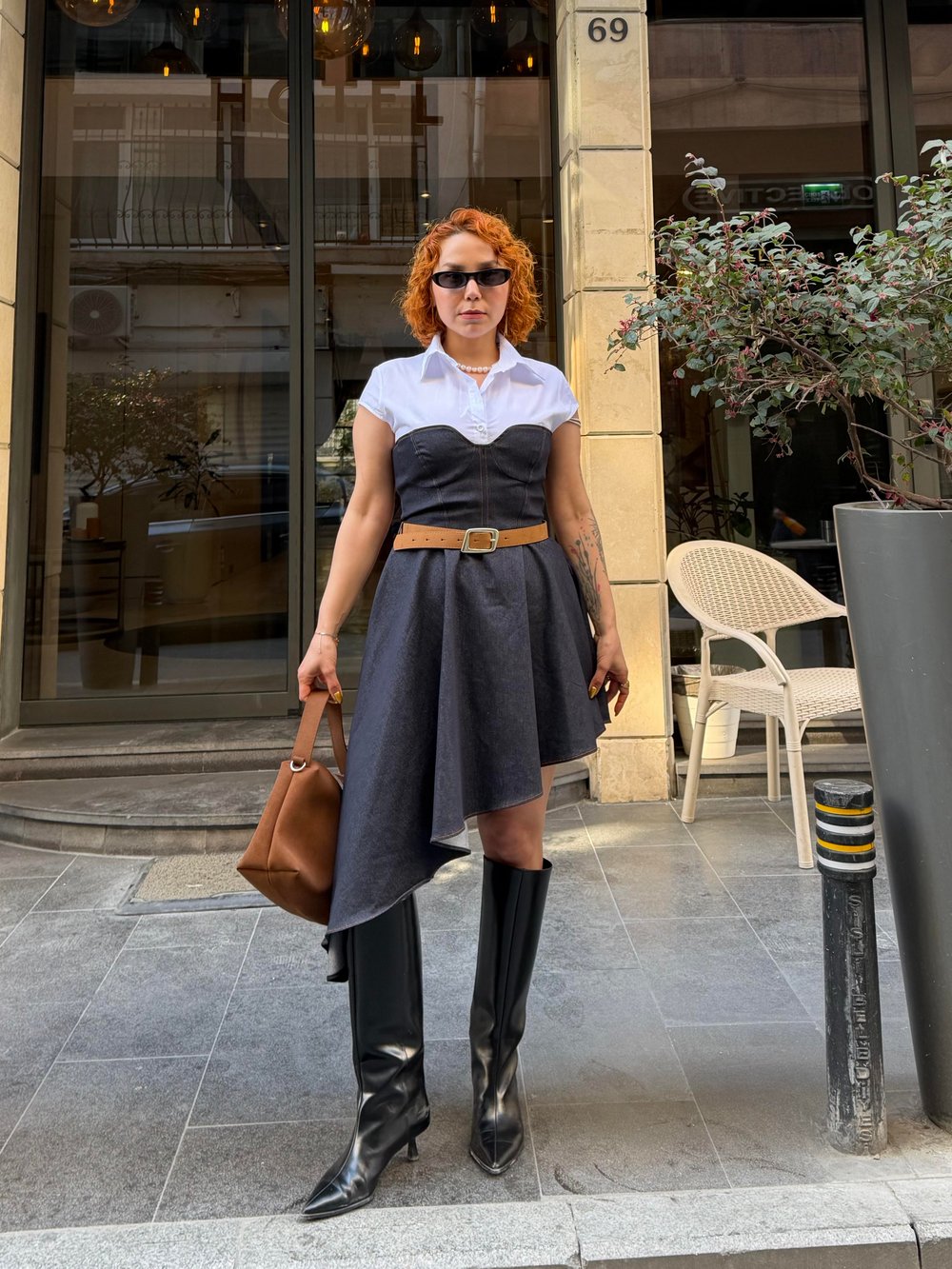 Premium Asimetrik Straplez Gömlek Detaylı Denim Elbise