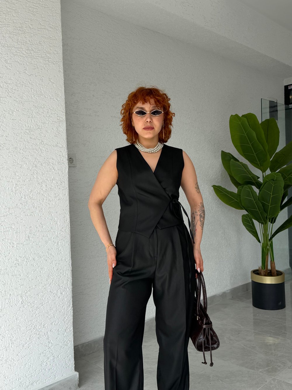 Premium Bağlama Detaylı Yelek -Pantolon 2'li Takım