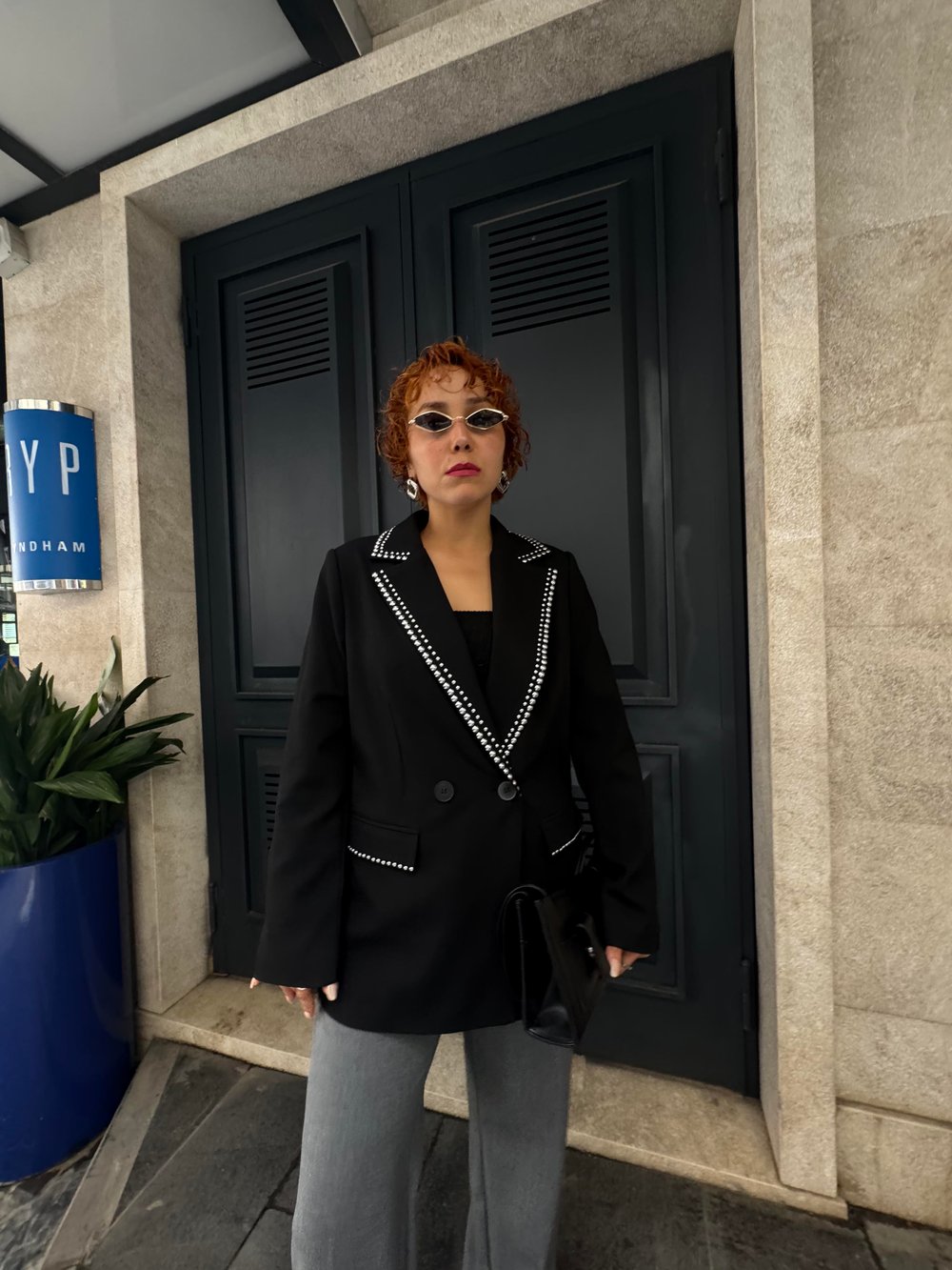 Premium Business Zımba Taş Baskılı Siyah Blazer Ceket