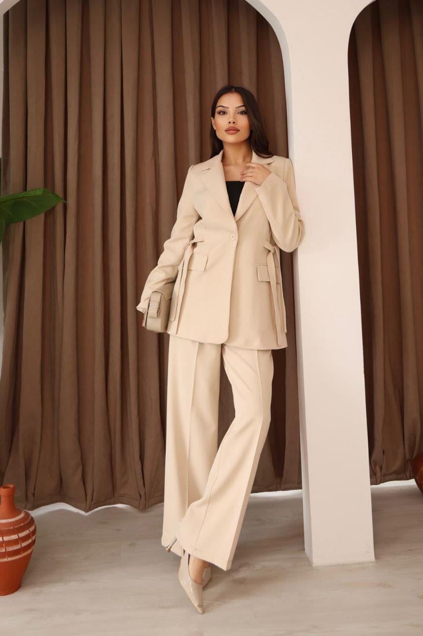 Premium Bussines Bel Korse Bağlama Detaylı Blazer Ceket-Bol Paça Palazzo Pantolon 2'li Takım