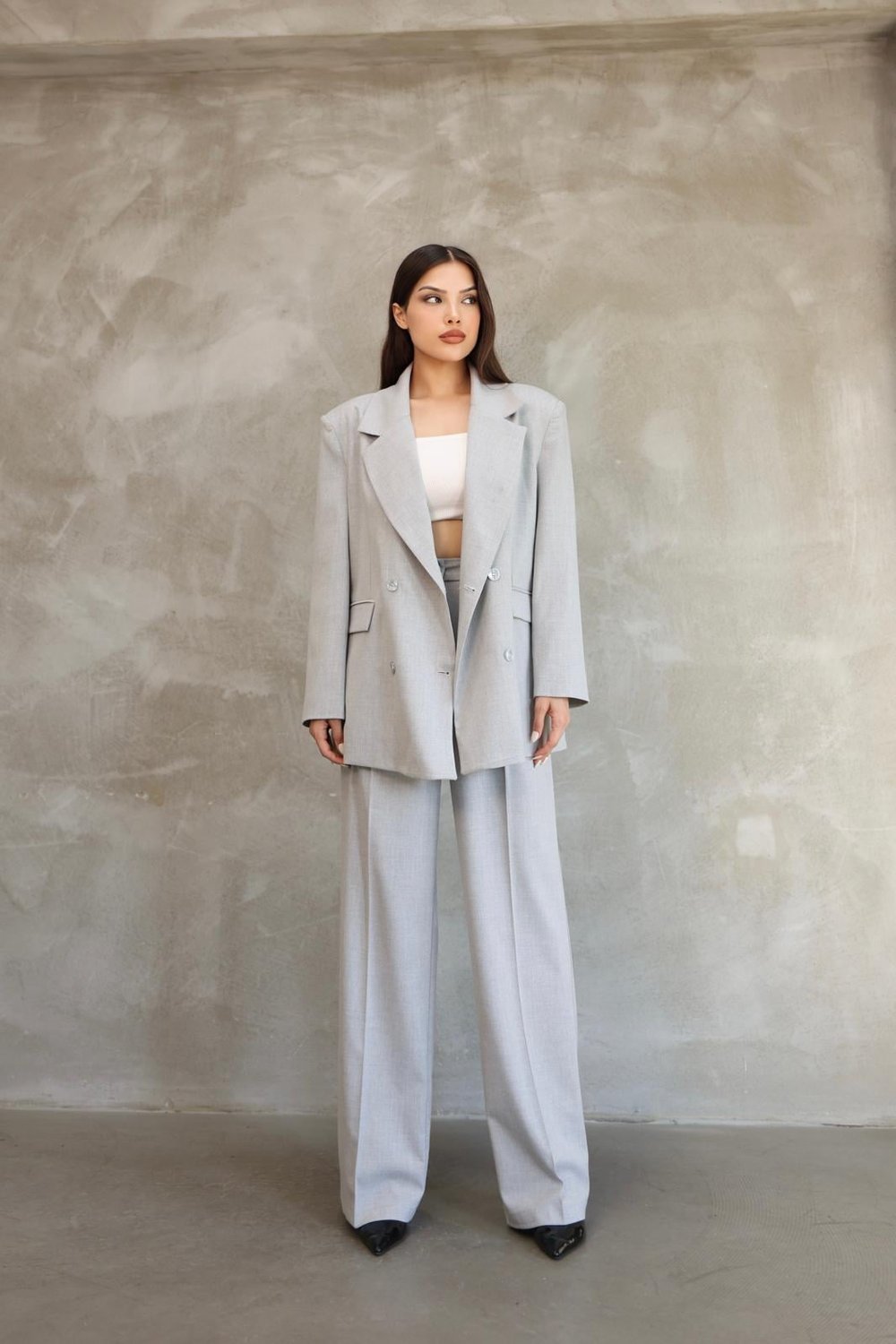 Premium Daddy Çift Düğmeli Oversize Blazer Ceket-Pileli Palazzo Pantolon 2'li Takım