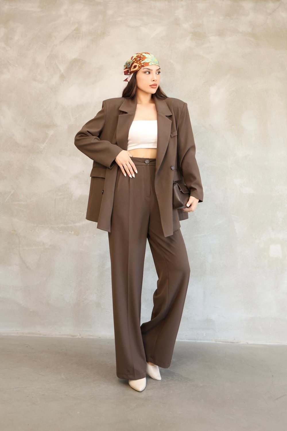 Premium Daddy Çift Düğmeli Oversize Blazer Ceket-Pileli Palazzo Pantolon 2'li Takım