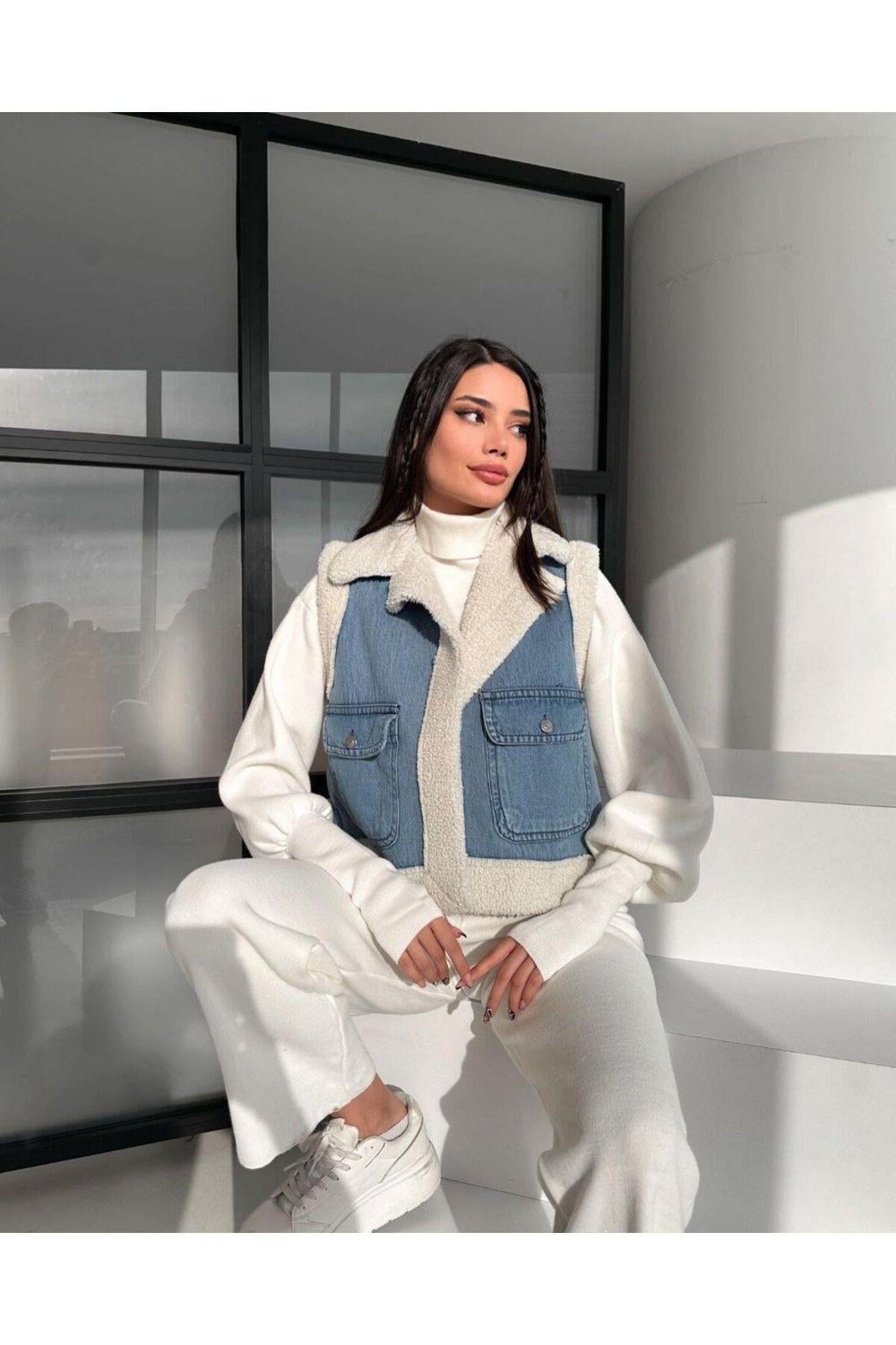 Premium Deri İçi Kürklü Oversize Biker Yelek