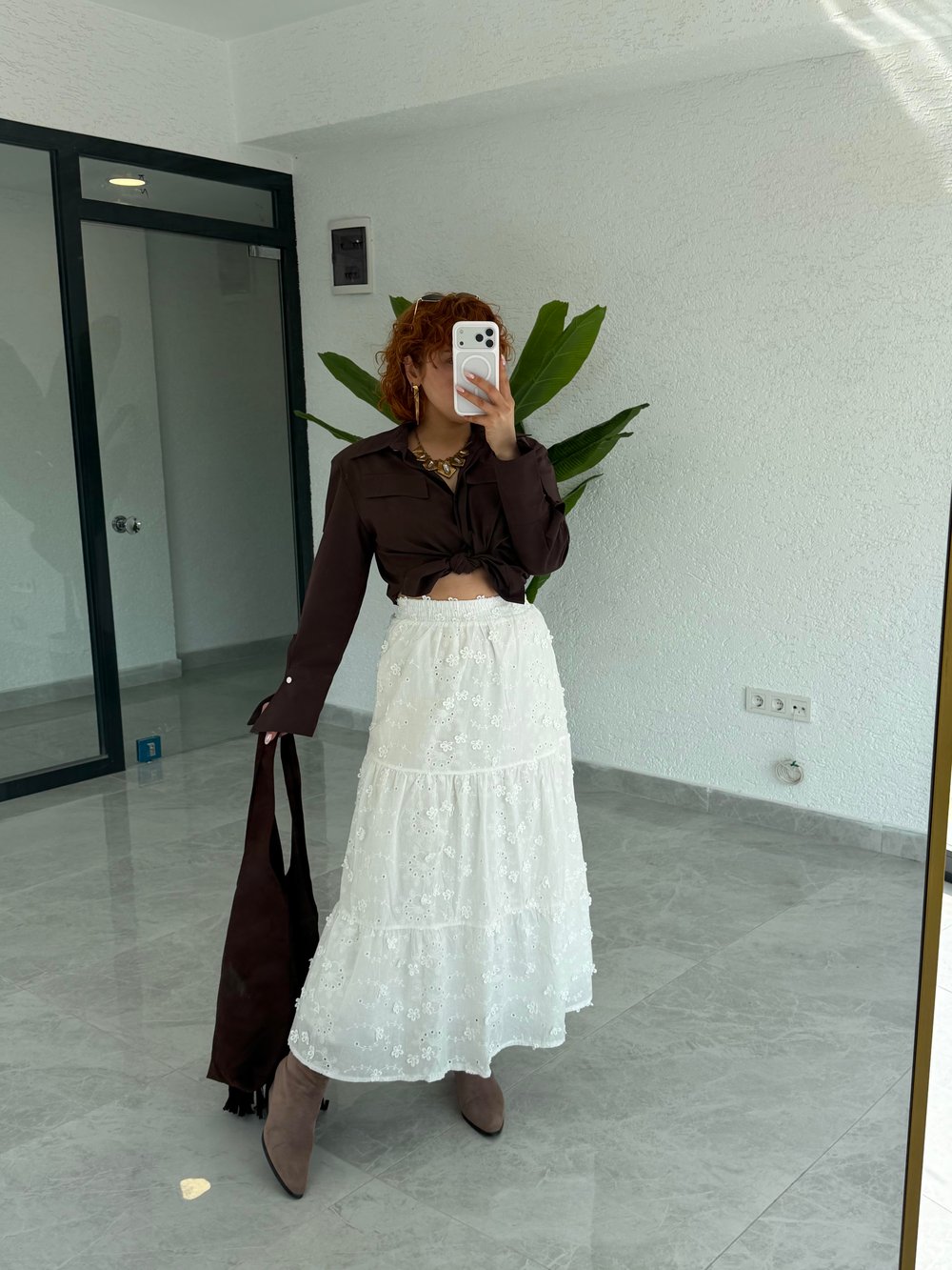 Premium Fisto Pamuklu Çiçek Kabartmalı Kat Kat Bohem Beyaz Uzun Etek