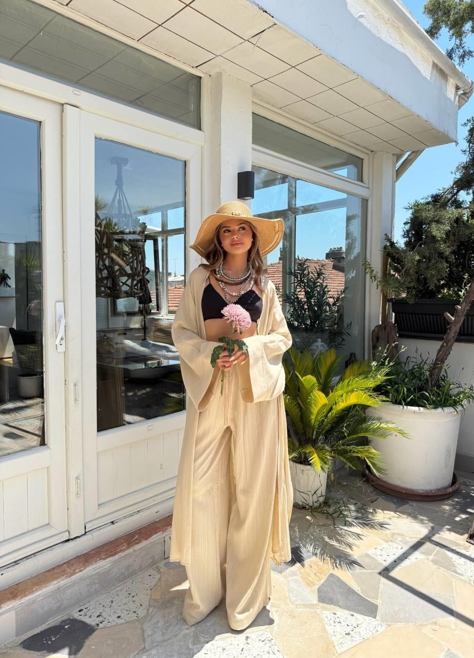 Premium Gofre Keten Tesettür Kimono -Bol Pantolon 2'li Takım