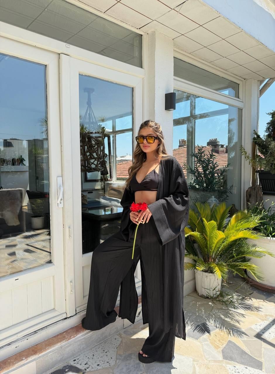 Premium Gofre Keten Tesettür Kimono -Bol Pantolon 2'li Takım