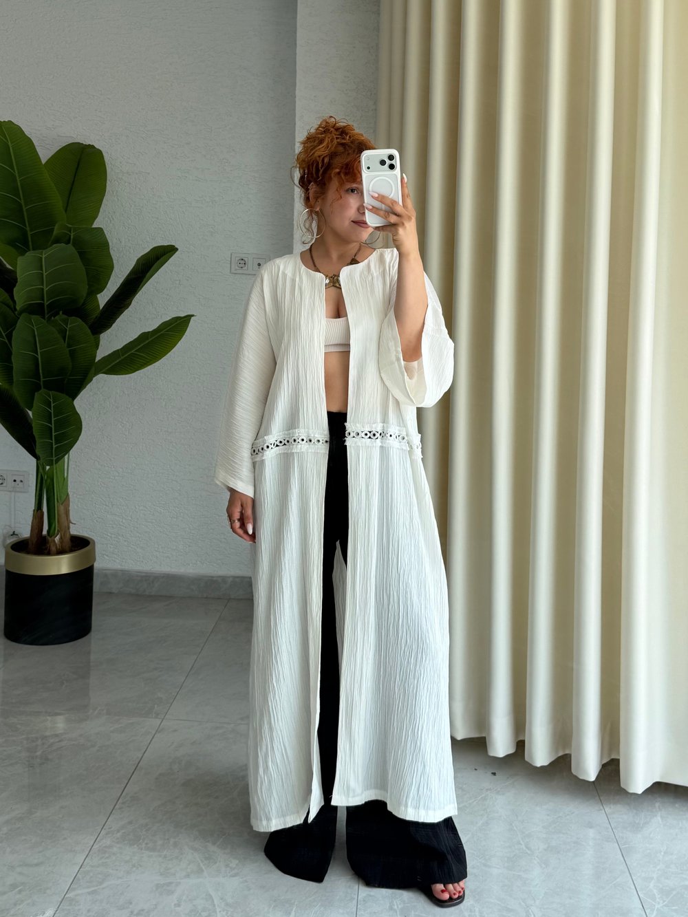 Premium Kuşgözü Detaylı Gofre Keten Bohem Uzun Tesettür Kimono 