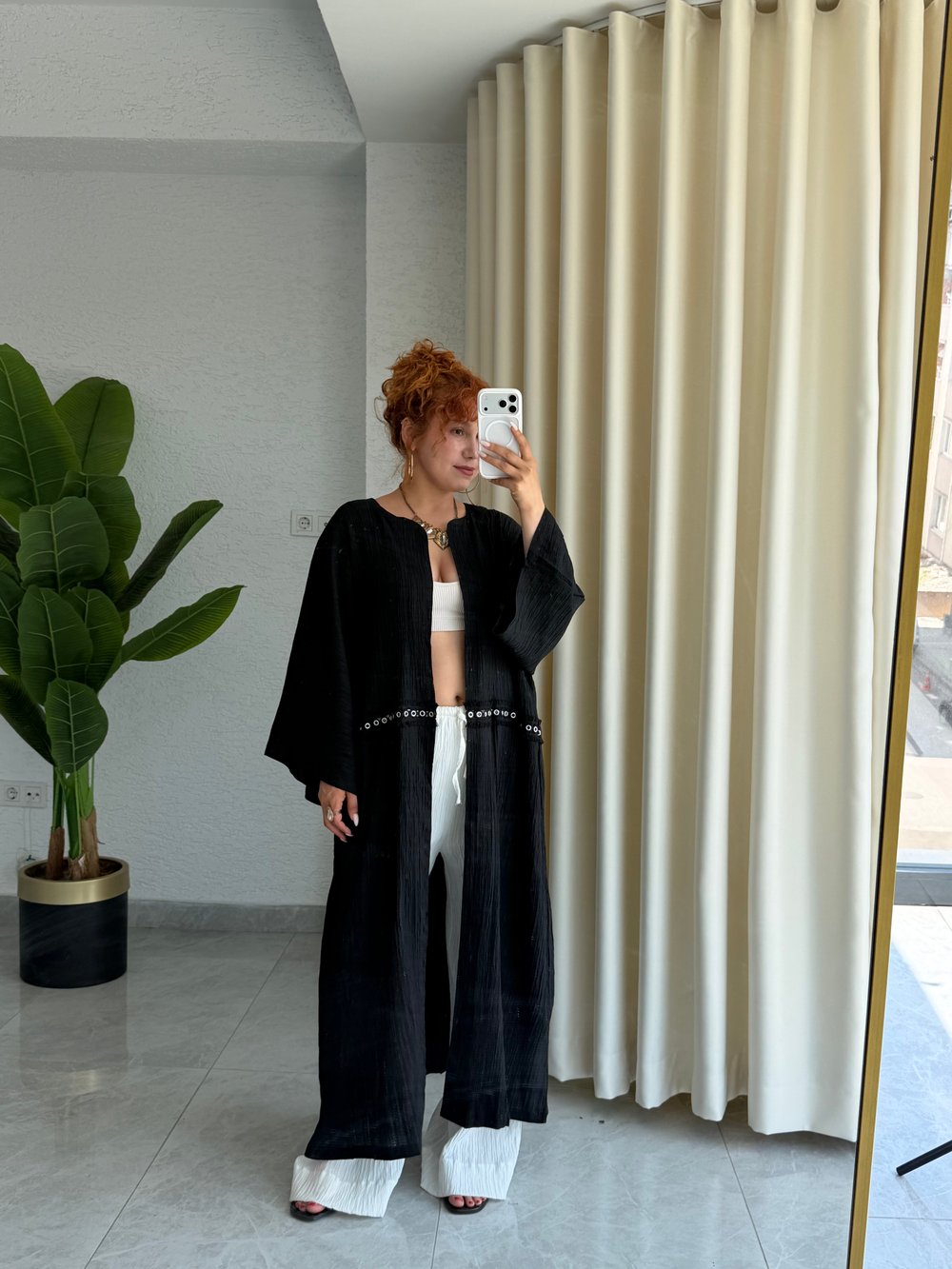 Premium Kuşgözü Detaylı Gofre Keten Bohem Uzun Tesettür Kimono 
