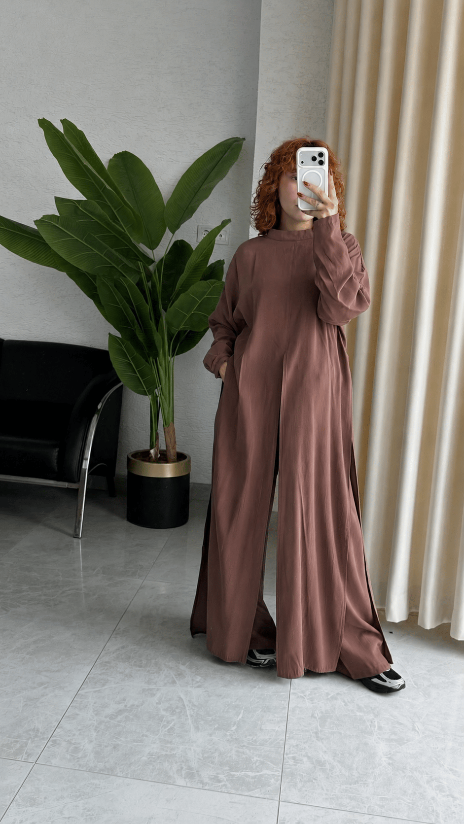 Premium Modal Yırtmaçlı Uzun Tunik -Beli Lastikli Pantolon 2'Li Takım