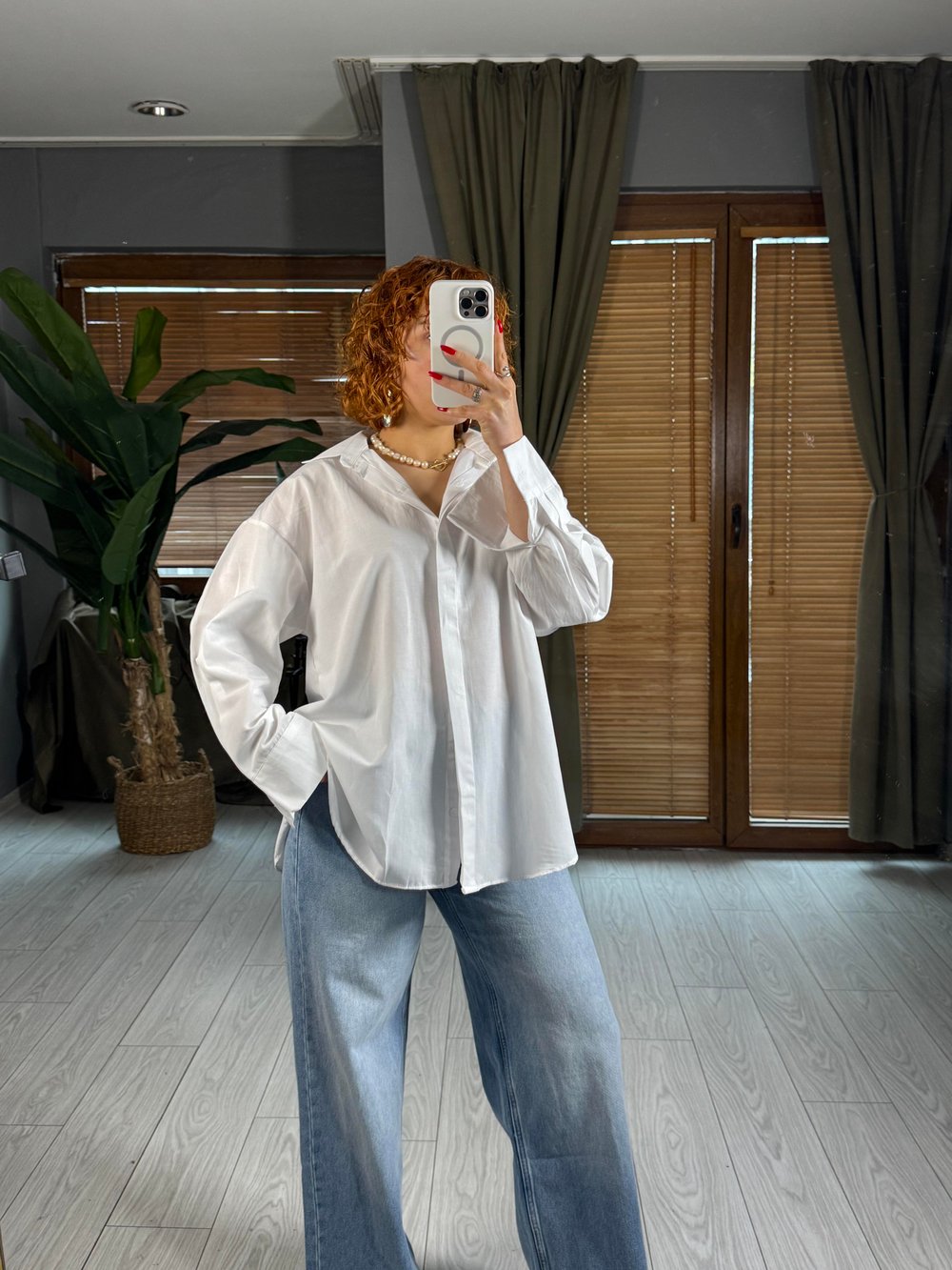 Premium Oversize Tesettür Beyaz Poplin Gömlek