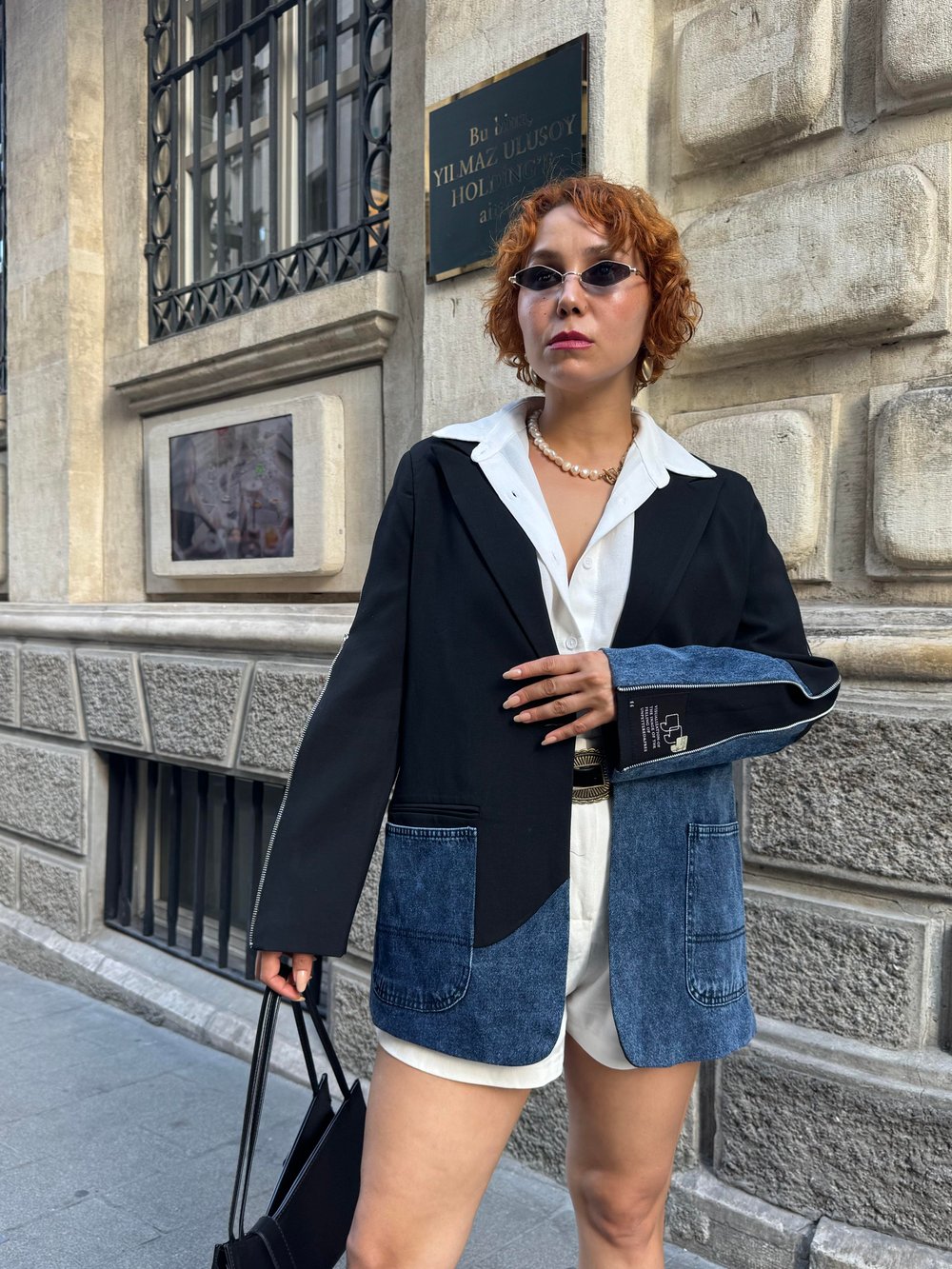 Premium Tasarım Kot Detaylı Kolları Fermuarlı Blazer Ceket
