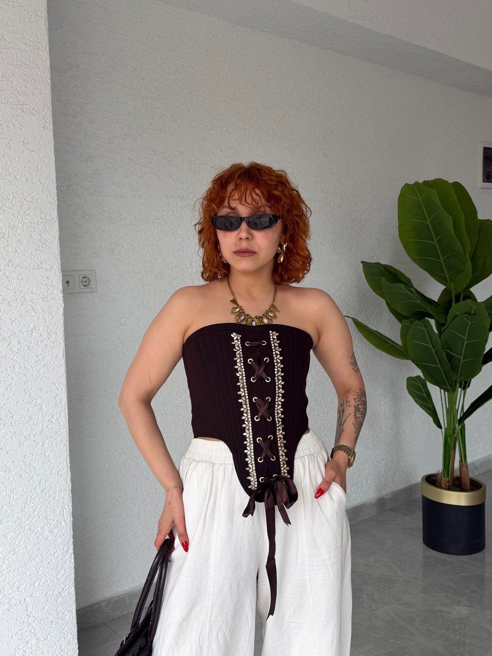 Premium Tasarım Taş Baskılı Helen Korse Bluz