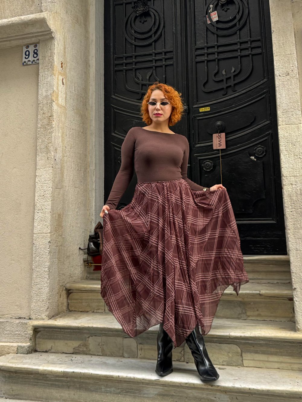 Premium Trend Asimetrik Ekoseli Maxi Uzun Şifon Etek