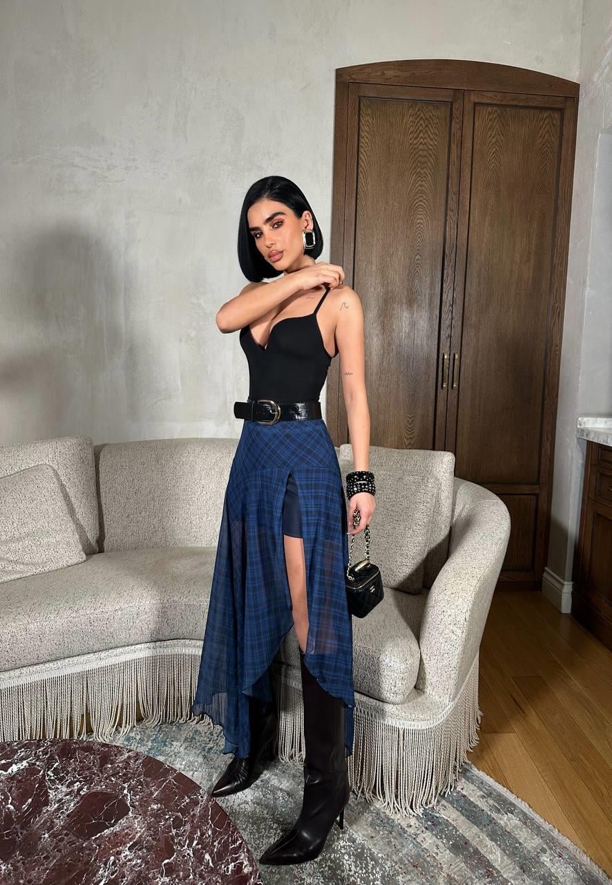 Premium Trend Ekoseli Şifon Yırtmaçlı Uzun Etek