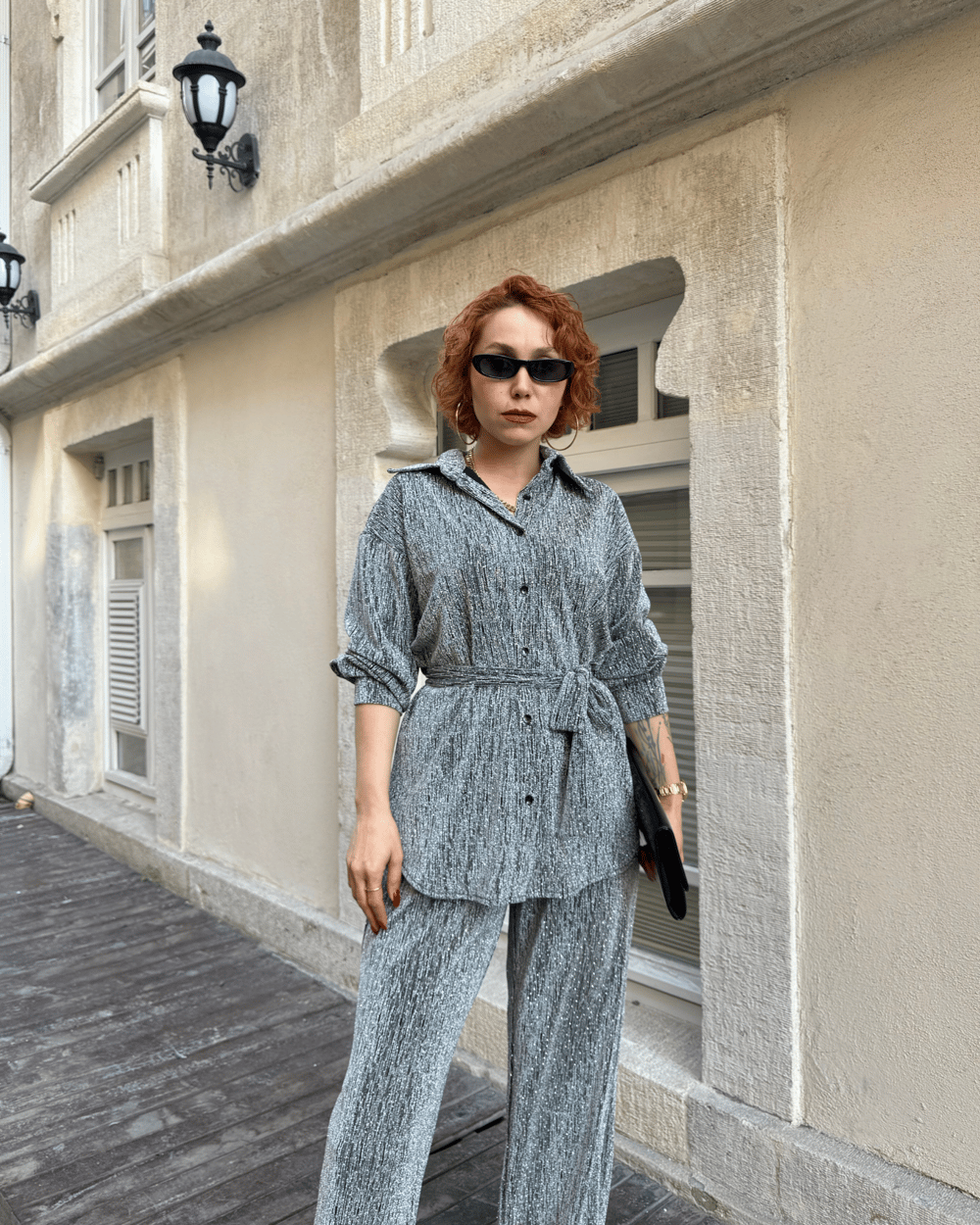 Premium Trend Parlak Taşlı Gömlek Pantolon 2'li Takım