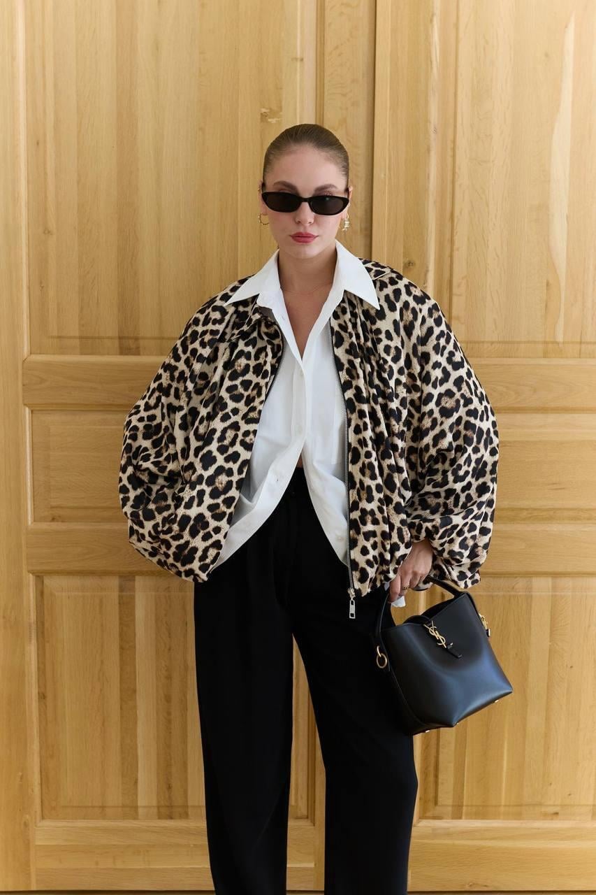 Premium Trend Saten Leopar Desenli Yarasa Kol Bomber Ceket