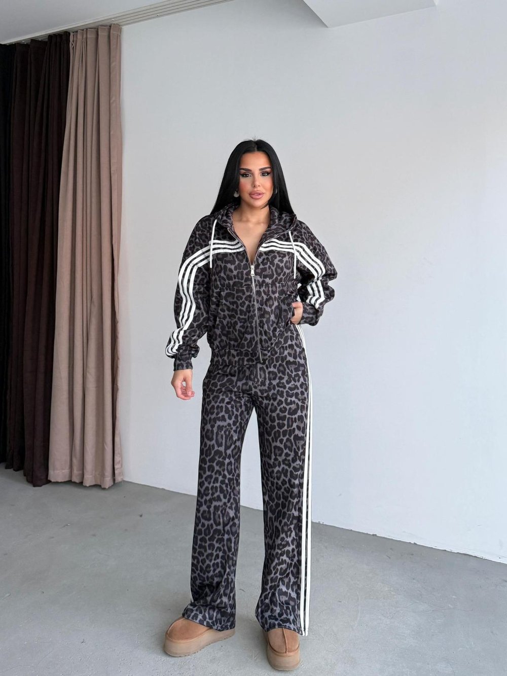 Premium Trend Şeritli Leopar Desenli Oversize Ceket-Pantolon 2'li Takım