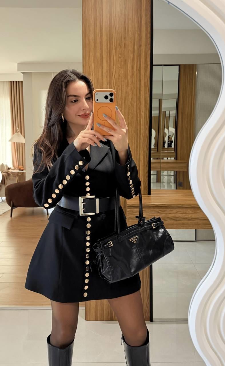 Premium Trend Tasarım Zımba Detaylı Siyah Ceket Elbise